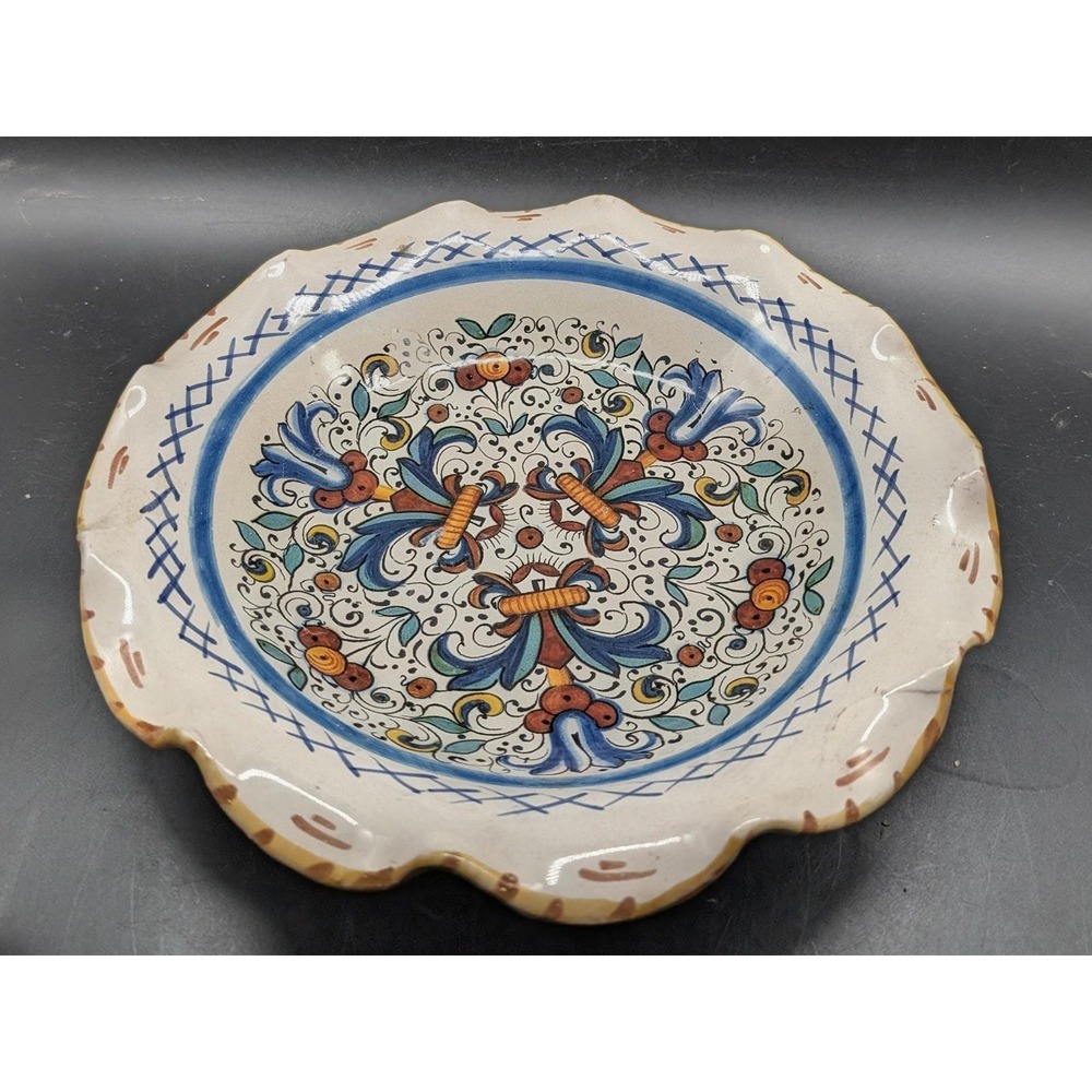 Meridiana Ceramiche Italy Hand Painted Scalloped Bowl Majolica Floral Deruta 10"